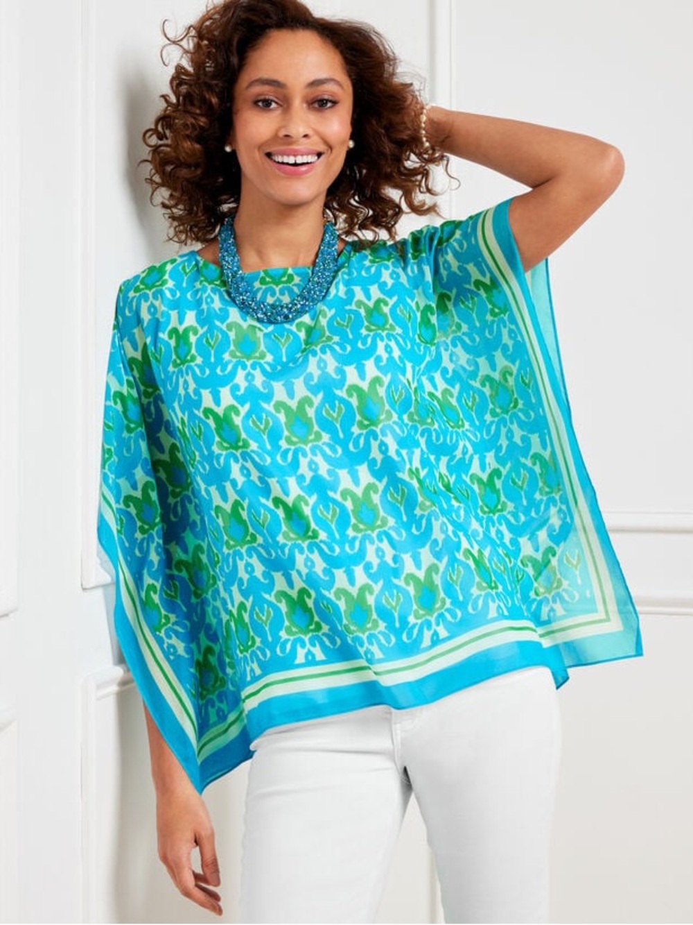 Talbots Printed Woven Poncho Teal Green Silk Blend Travel Coastal Vacation New